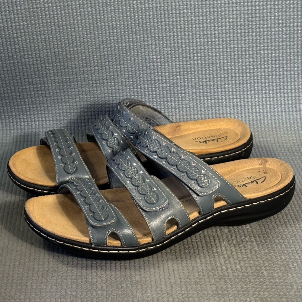 Clarks Collection Women's Laurieann‎ Cove Sandals Blue Leather Size 8.5 Wide